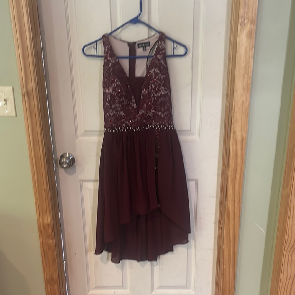 Sequin Hearts Maroon Asymmetrical Sundress Sleeveless V-Neck